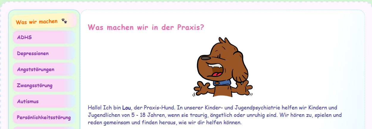 Kinderwebseite der KJP Strausberg Brauner Hund mit großen Ohren und fröhlichem Gesicht, auf buntem Hintergrund.